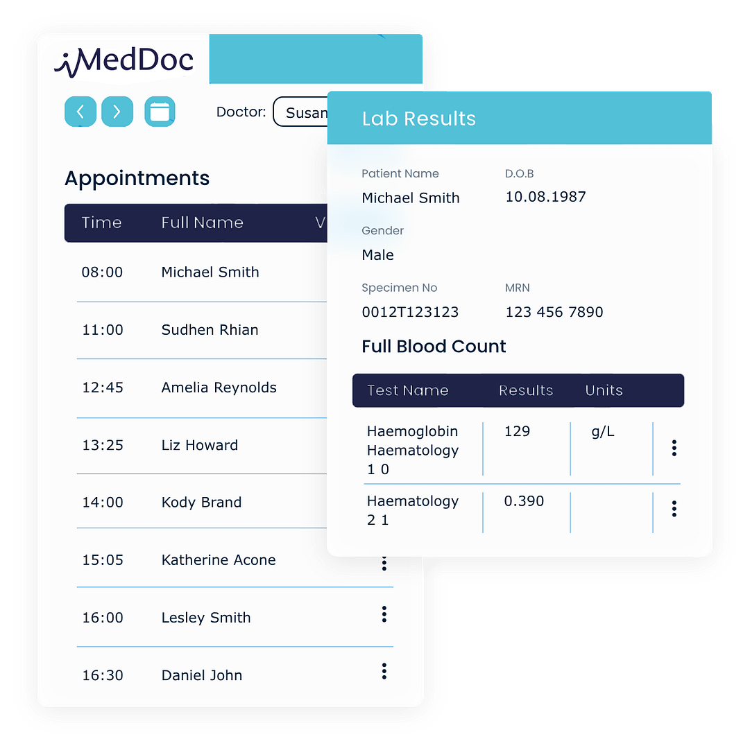 iMedDoc screenshots of lab results and appointment lists