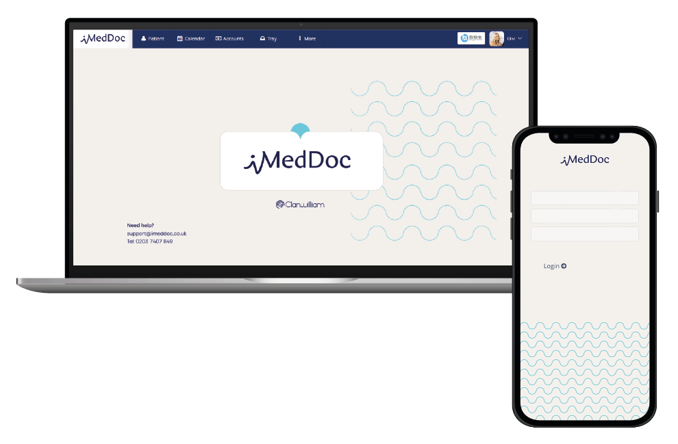 Screenshots of the iMedDoc software on a laptop and a mobile phone