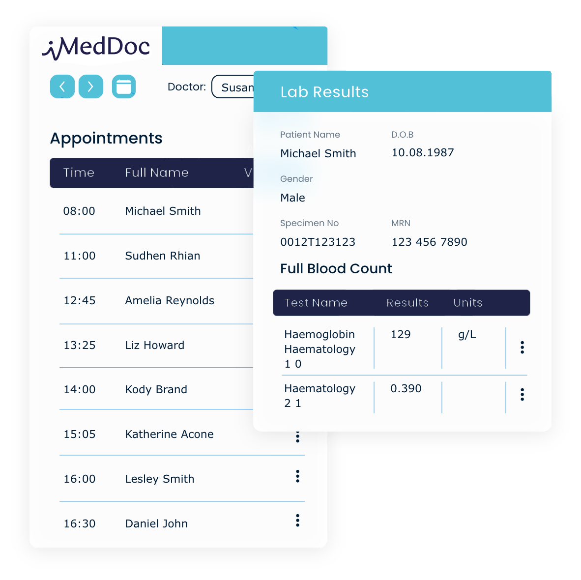 iMedDoc screenshots of lab results and appointment lists