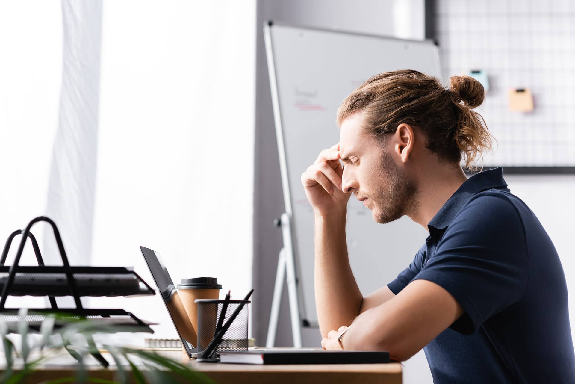 Thoughtful, Office, Worker, Sitting, At Workplace, Table