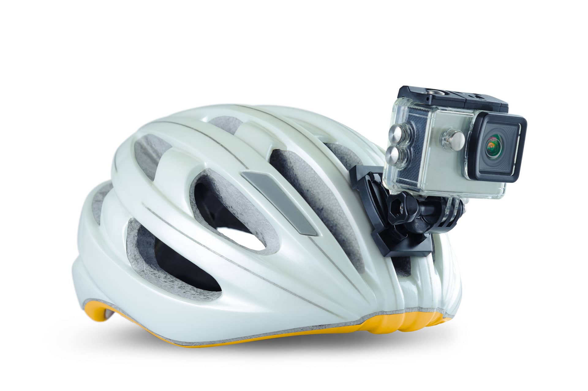 A cycle helmet with a portable camera attached to it.