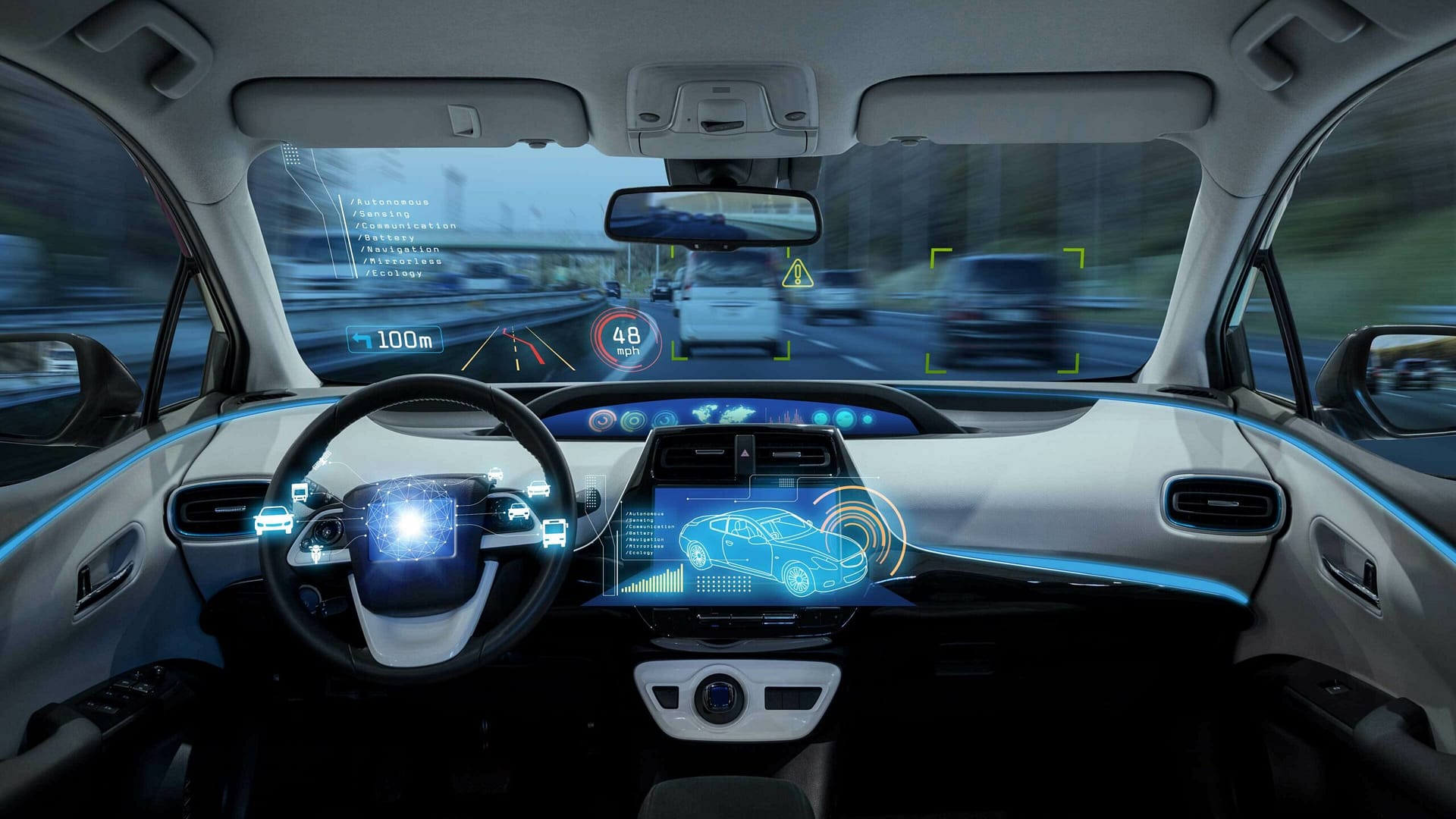 Interior view of a car's driver's seat and steering wheel with a futuristic dashboard.