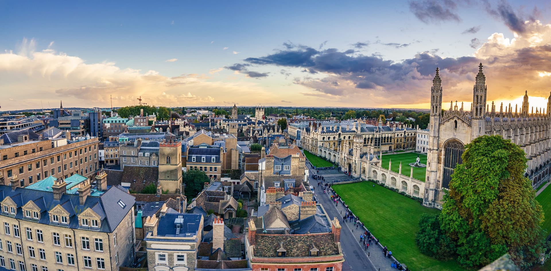 Landscape shot of buildings by the University of Cambridge.