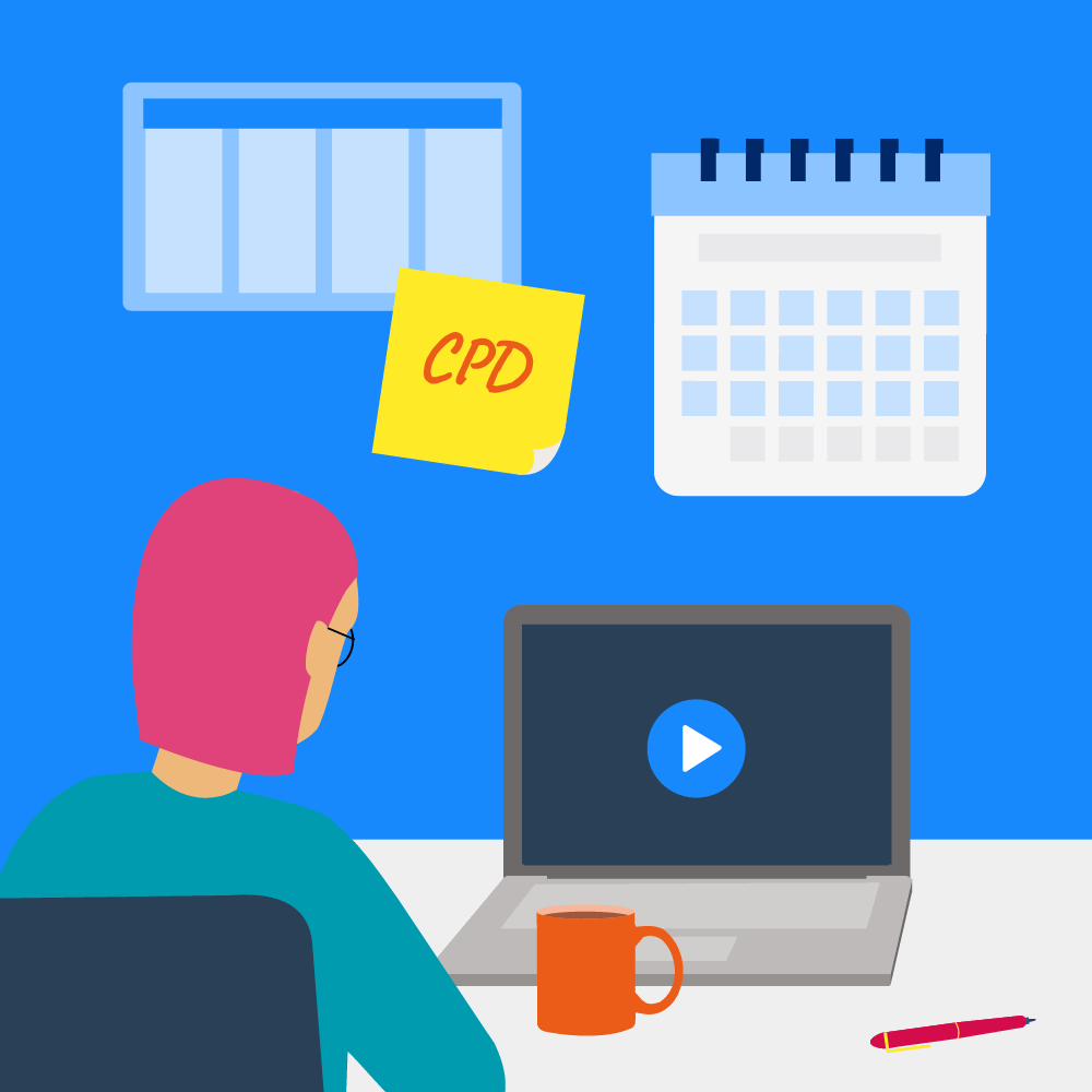 Illustration of a person sitting at a desk with a pink sticky note reading 'CPD', a calendar on the wall, and a laptop displaying a play button for a video.