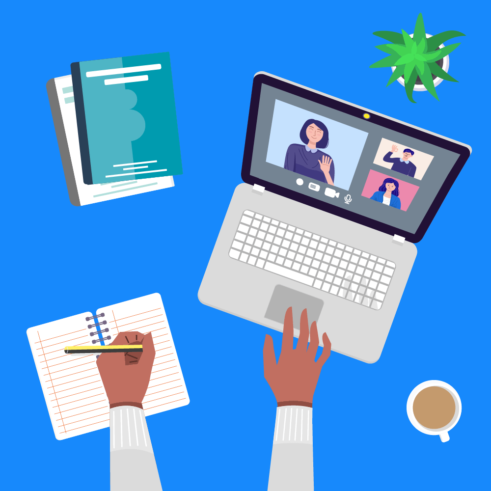 Illustration of a person participating in a video call with three others, taking notes on a notebook, with books, a coffee cup, and a plant nearby.