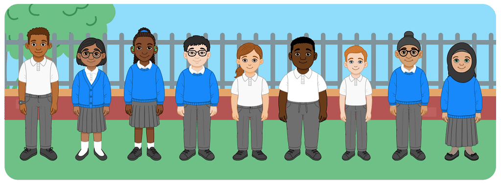 10 illustrated KS2 UK primary children wearing uniform, characters designed by Kapow.