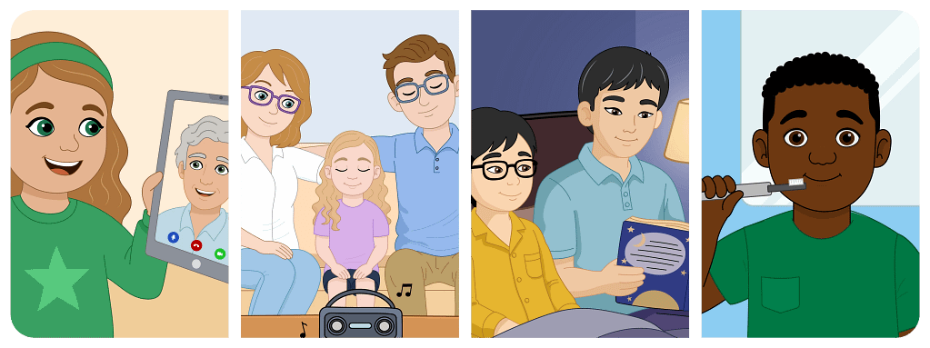 Four illustrations showing children connecting with family, spending time together, reading and following a daily routine.
