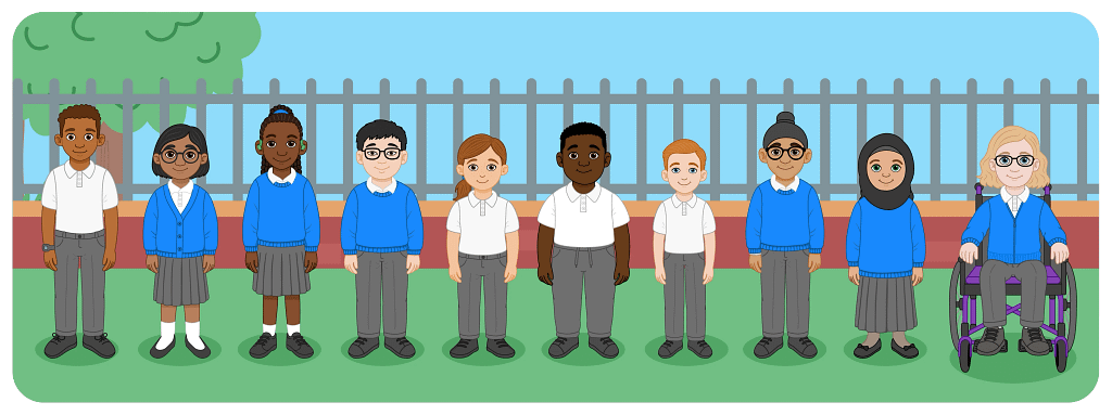 Diverse group of pupils standing together outdoors in school uniform, including a wheelchair user.