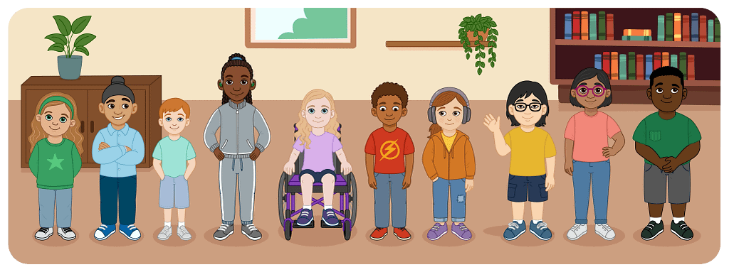 Diverse group of children standing together indoors, including a wheelchair user and pupils with different interests.