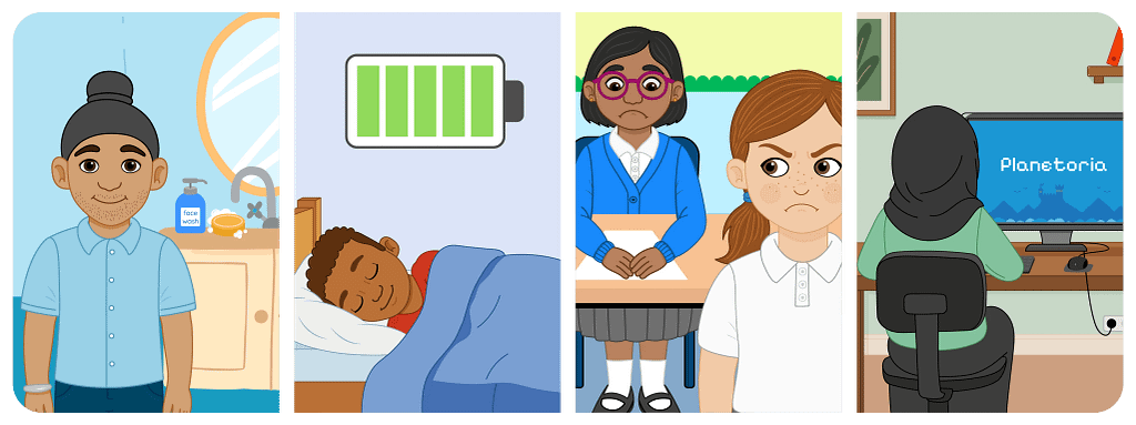 Four illustrations showing healthy online habits including self-care, sleep, positive interactions and balanced screen time.