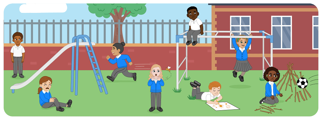 Children taking part in different activities in a school playground, including climbing, drawing and playing.