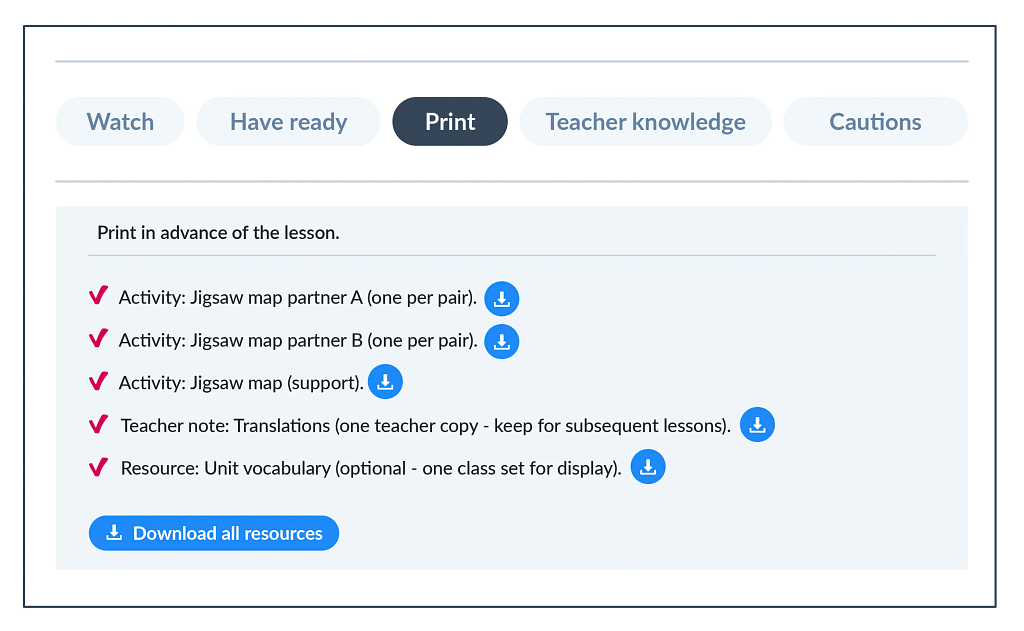 The Print section in Before the lesson.