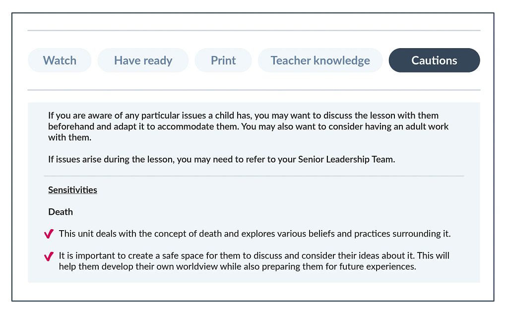 The Cautions section in Before the lesson.