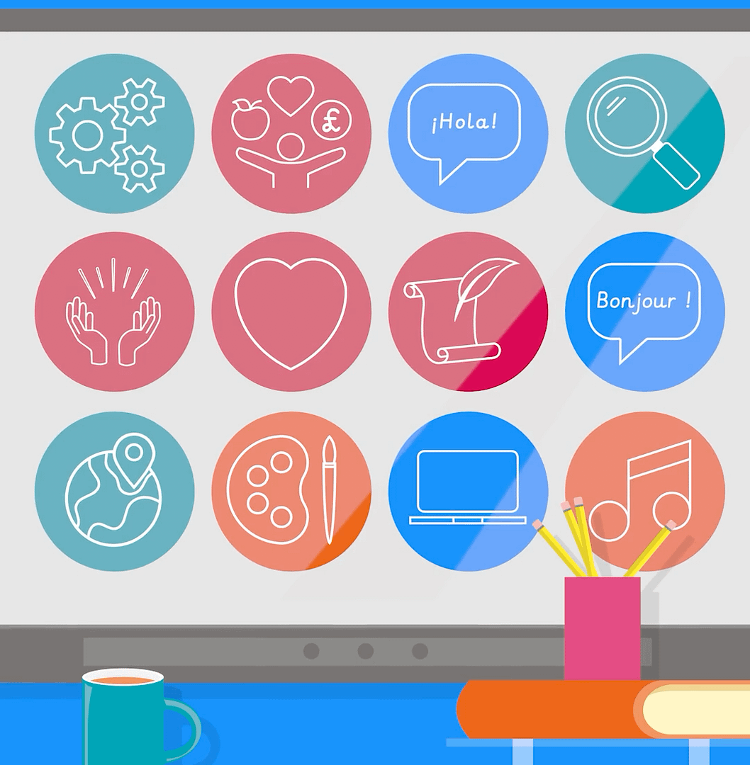 A digital classroom screen displaying subject icons, including science, languages, arts, music, and technology, with a teacher’s desk in the foreground.