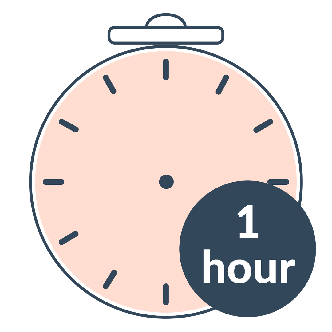 Illustration of a stopwatch showing no hands, with a large label “1 hour” to indicate the duration of a lesson.