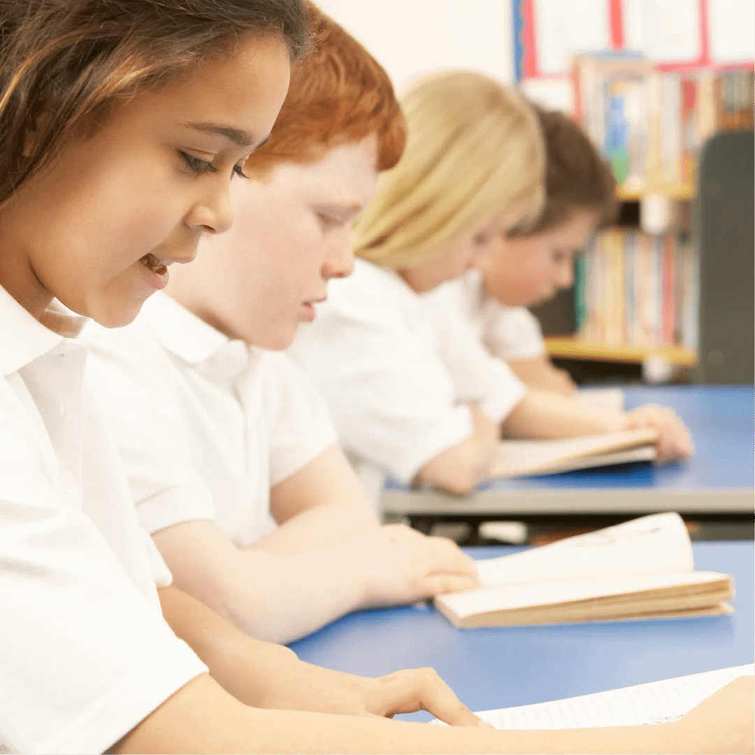 Primary school children reading books at their desks