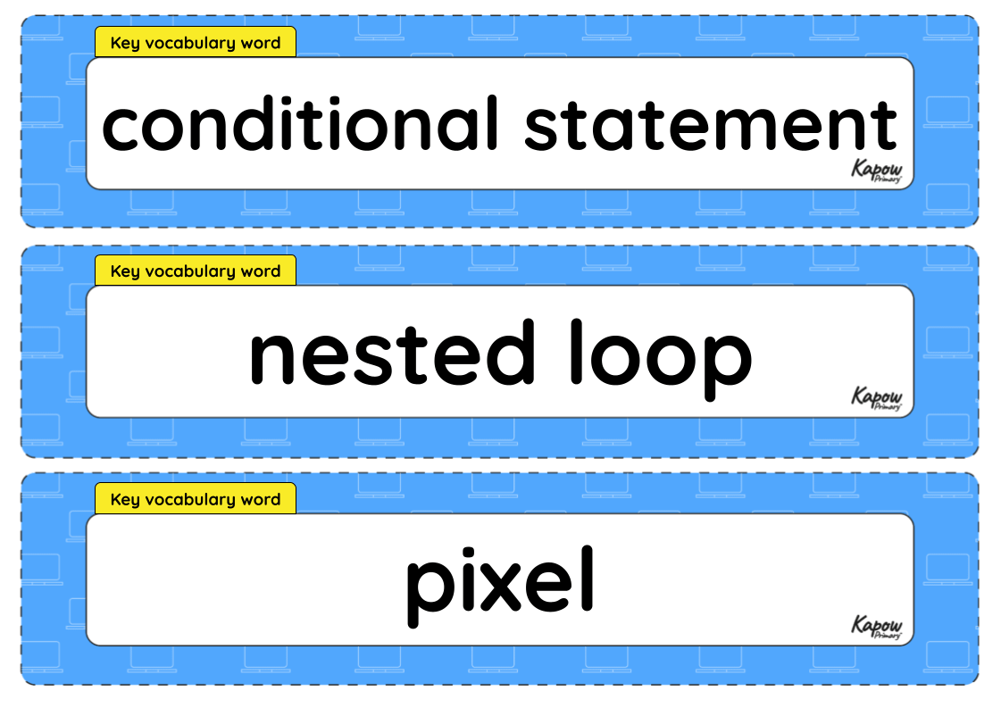 Vocabulary display – Computing Y6: Programming: Scratch: Pixels and positions