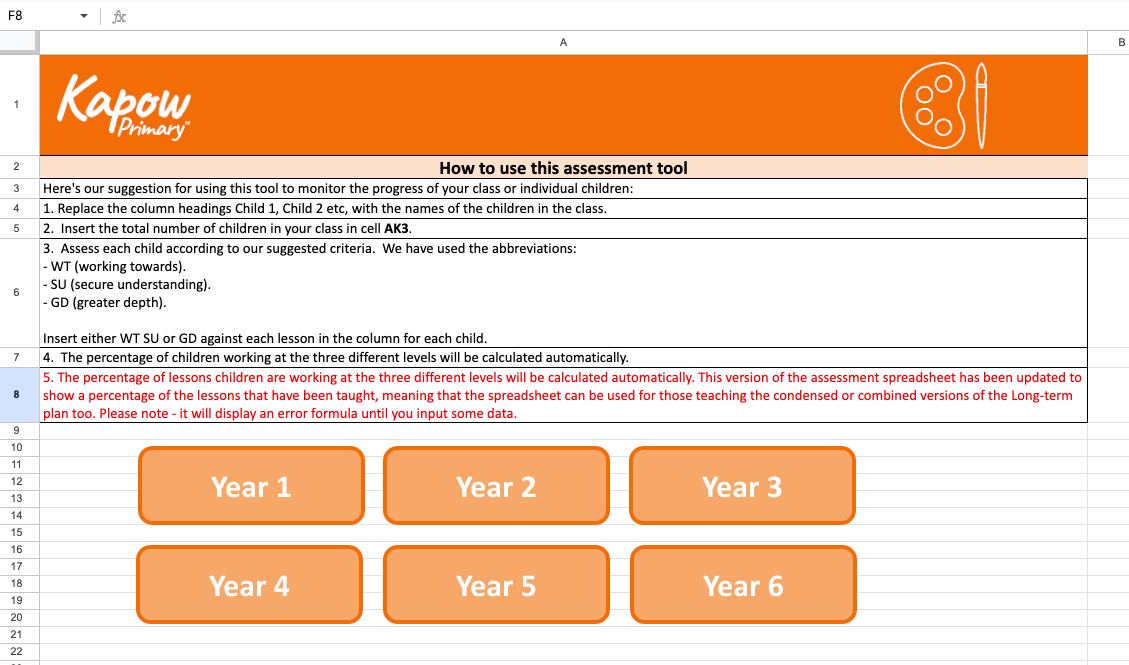 Revised Art and design scheme: Assessment spreadsheet