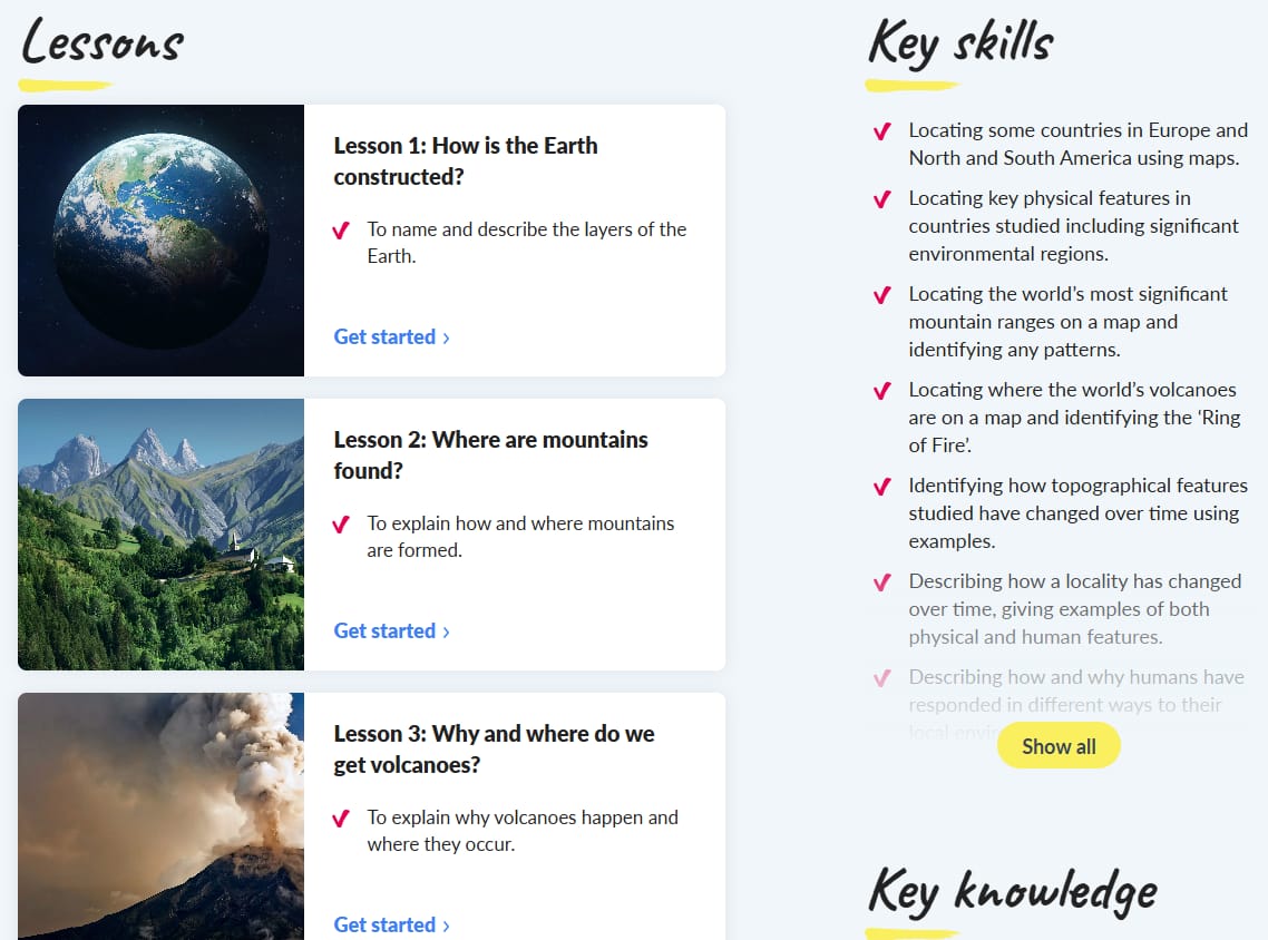 Kapow Primary unit hub page displaying curriculum resources and lesson planning tools