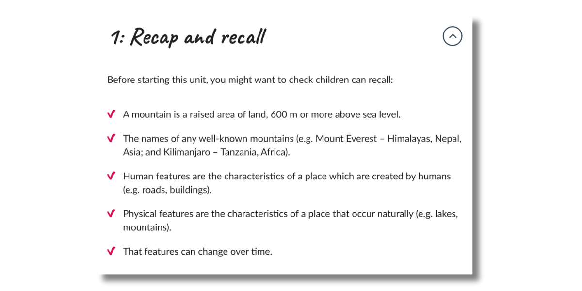 Example of recap section within a geography lesson