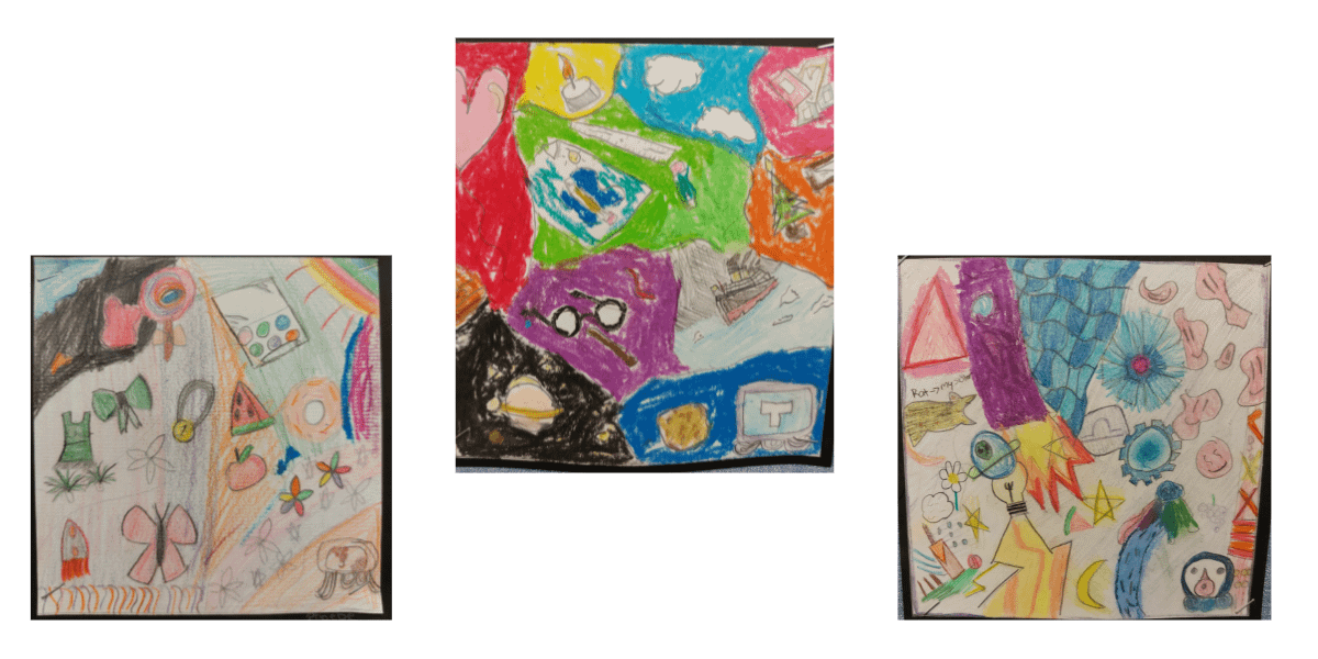 three colourful collage drawings done by year 6 pupils