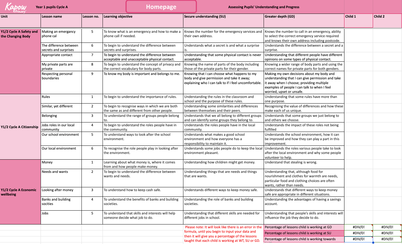 Assessment spreadsheet: Mixed-age RSE and PSHE