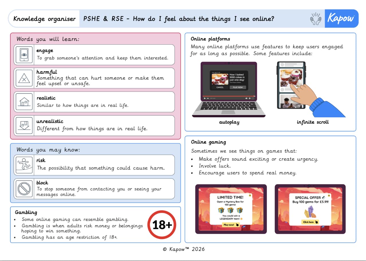 Knowledge organiser – RSE & PSHE Y6: How do I feel about the things I see online?