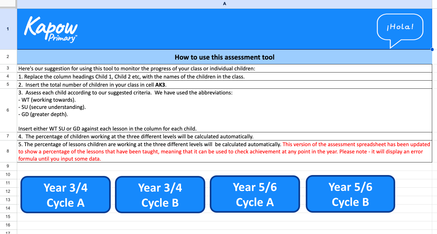Spanish: Assessment spreadsheet – mixed-age