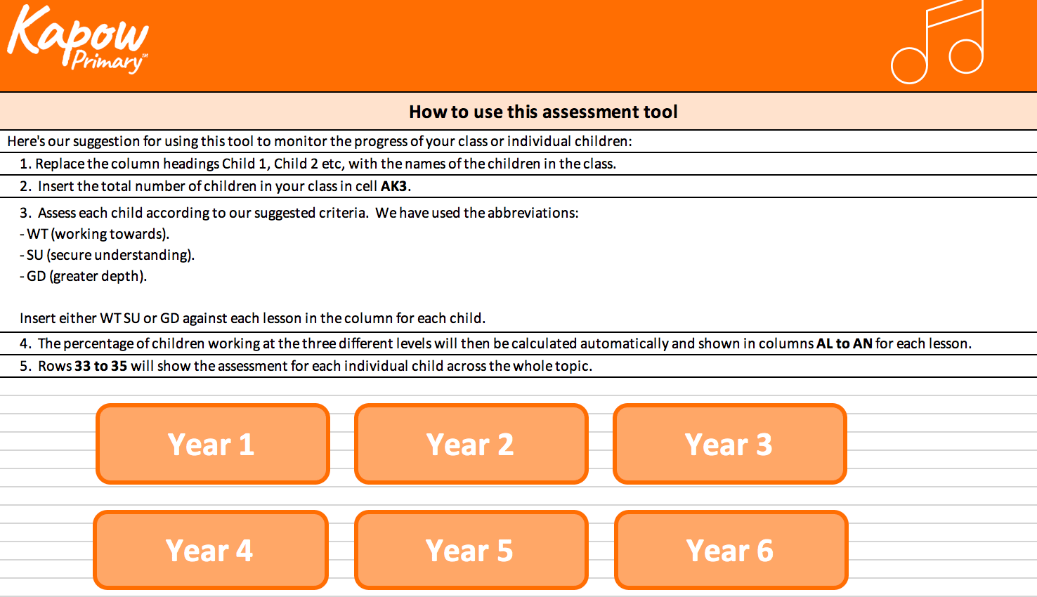 Music Assessment spreadsheet for KS1 and KS2