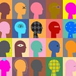 A colourful grid of multiple outlines of a head each with different background and patterns