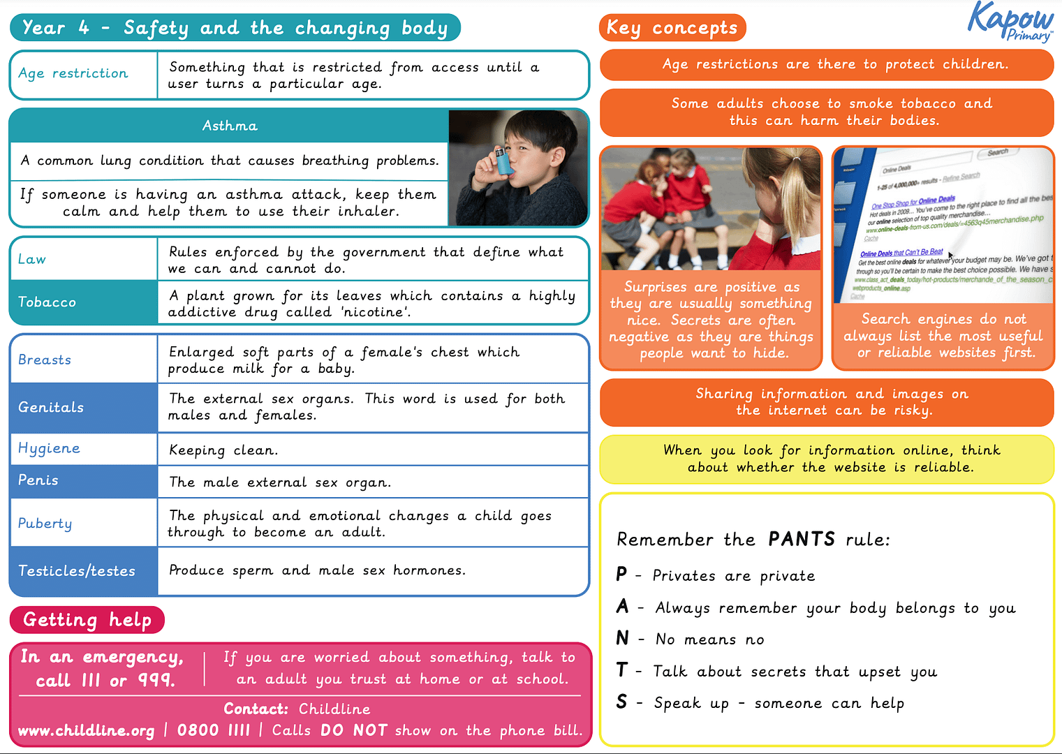 Knowledge organiser: RSE & PSHE  – Y4 Safety and the changing body