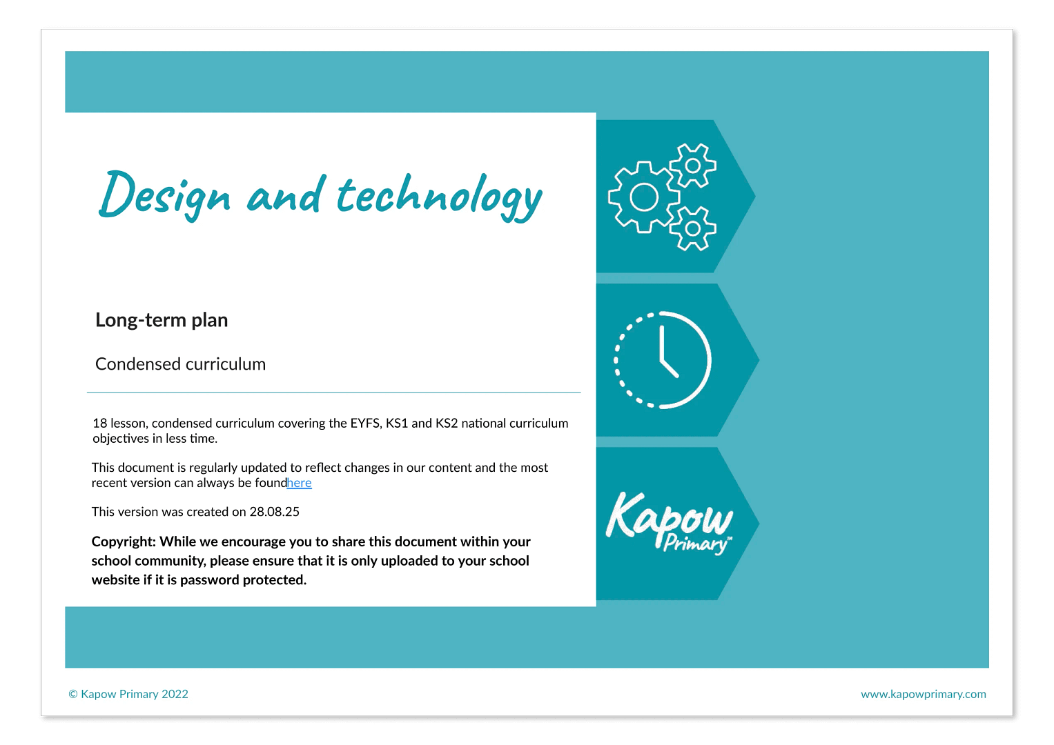 Cover page of Kapow Primary’s design and technology long-term condensed curriculum plan.