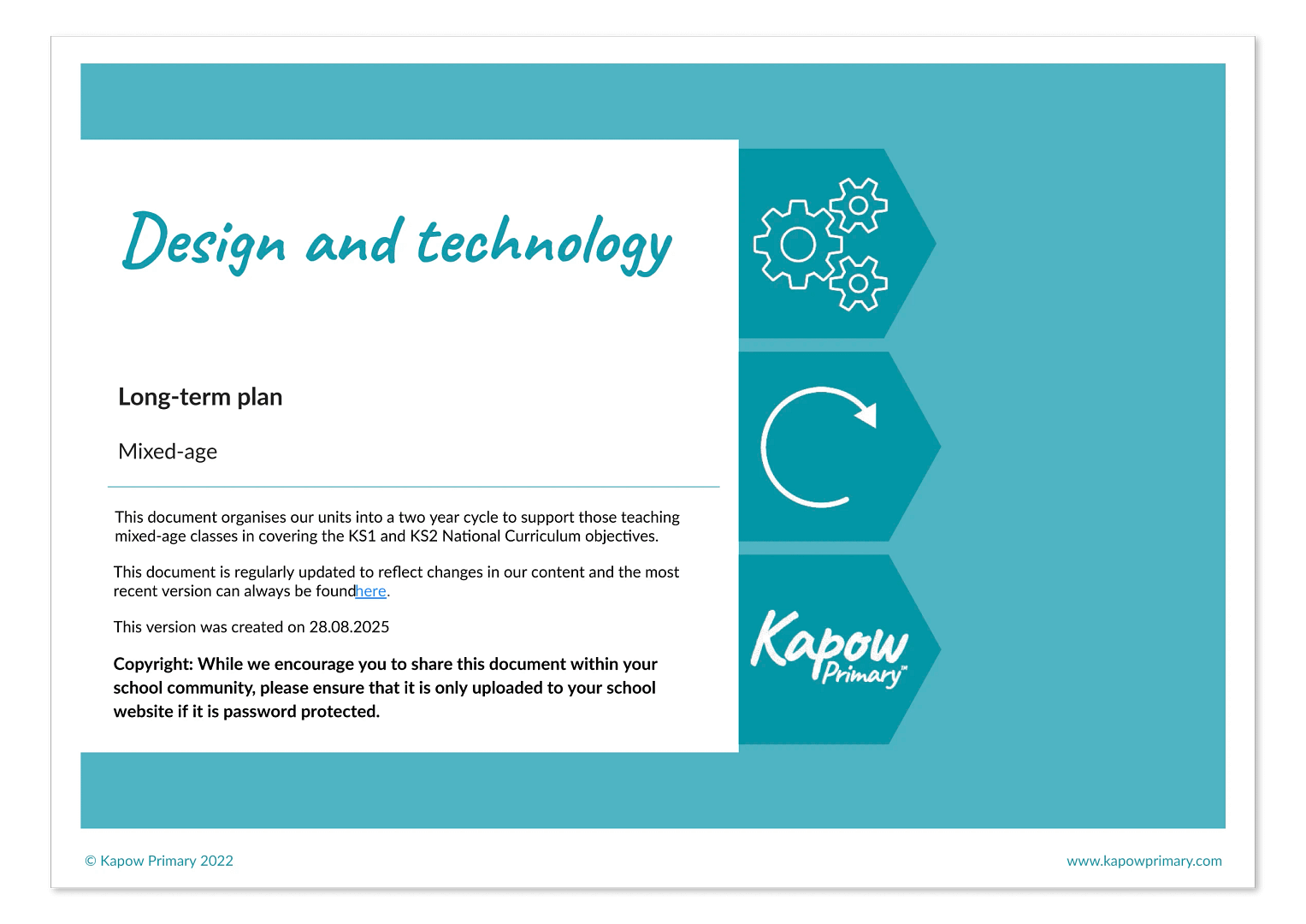 Cover page of Kapow Primary’s design and technology long-term mixed-age curriculum plan.