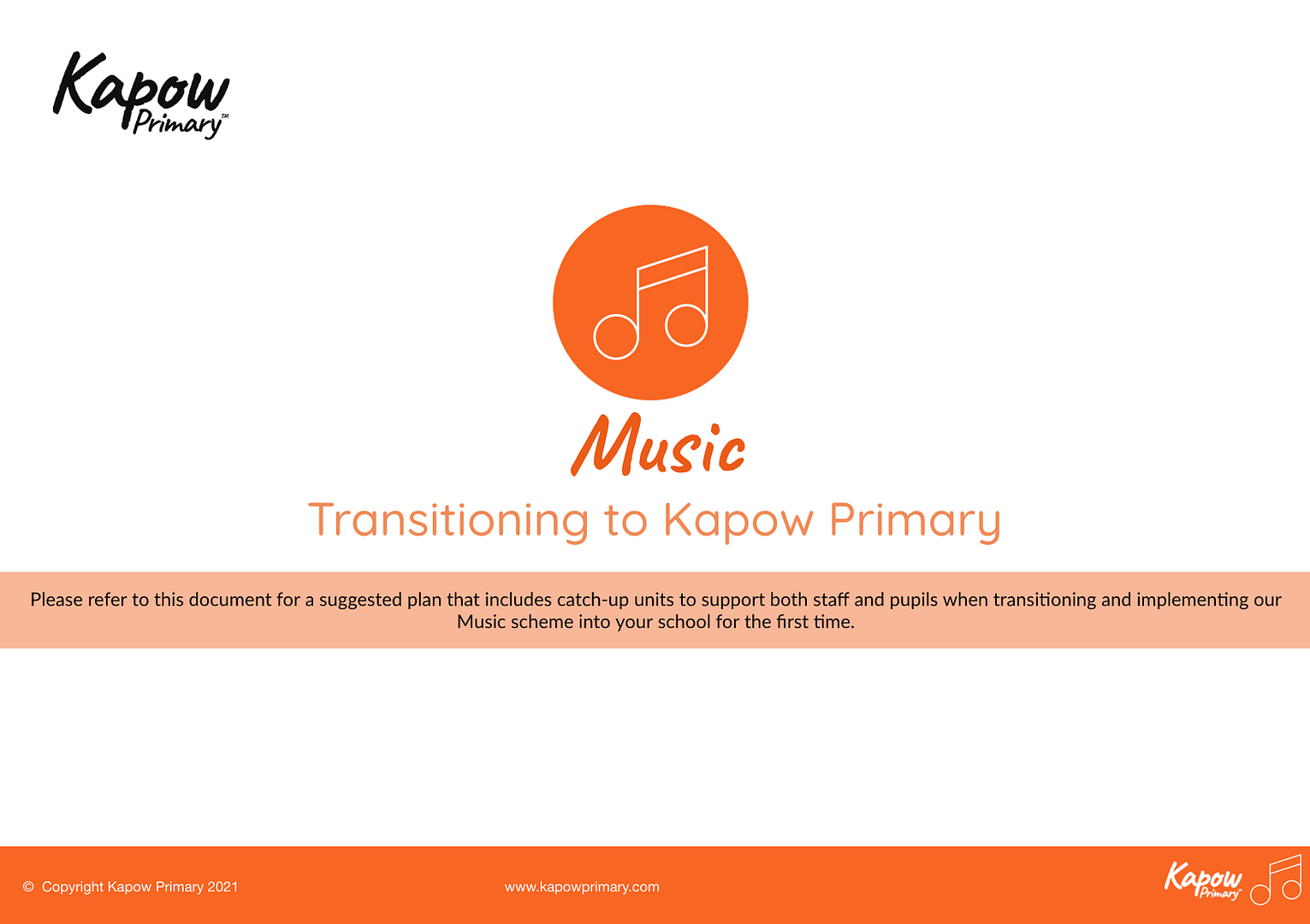 Front cover of the Transitioning to Kapow Primary Music document.