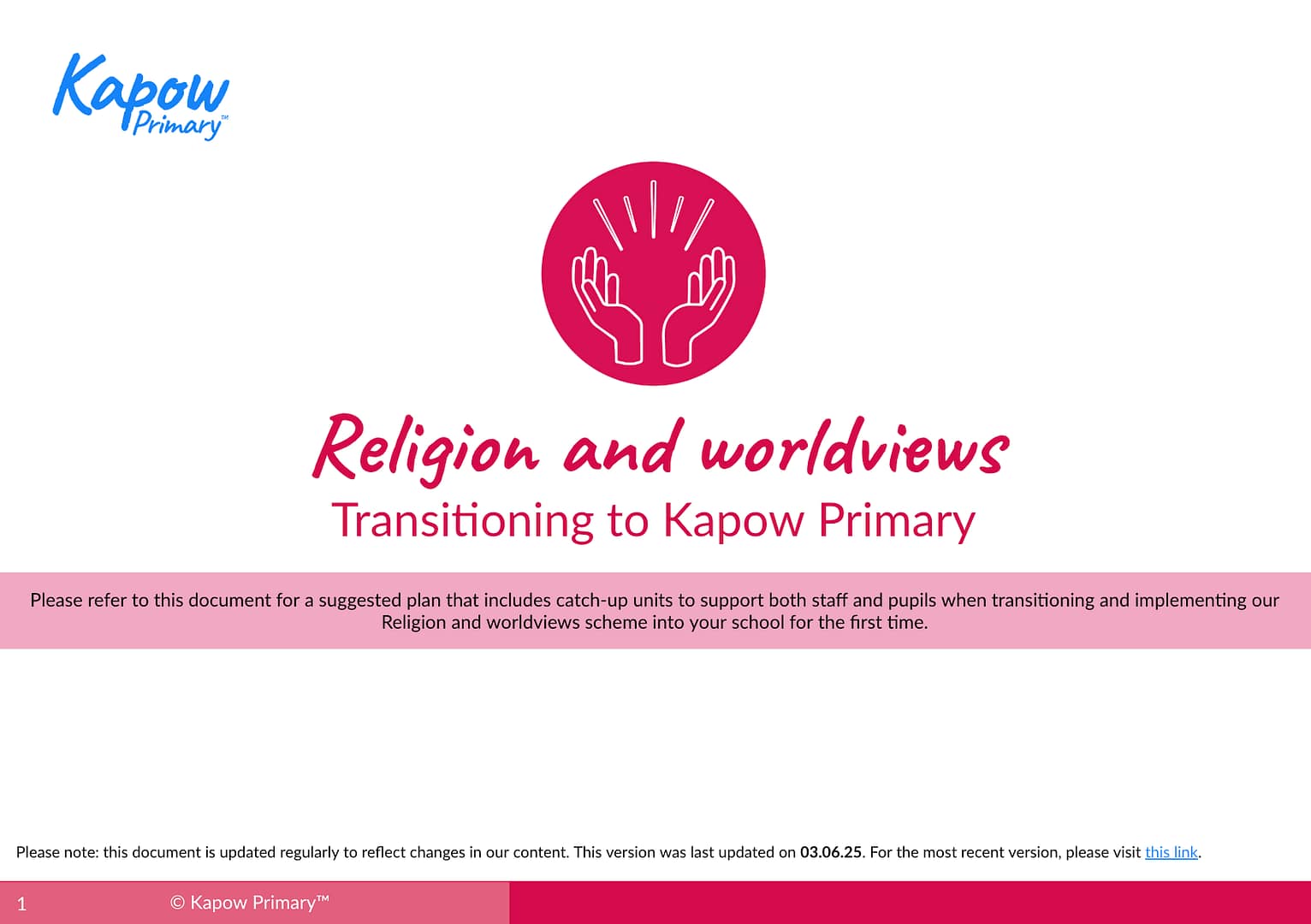 The front cover of the Transitioning to Kapow Primary R&W document.