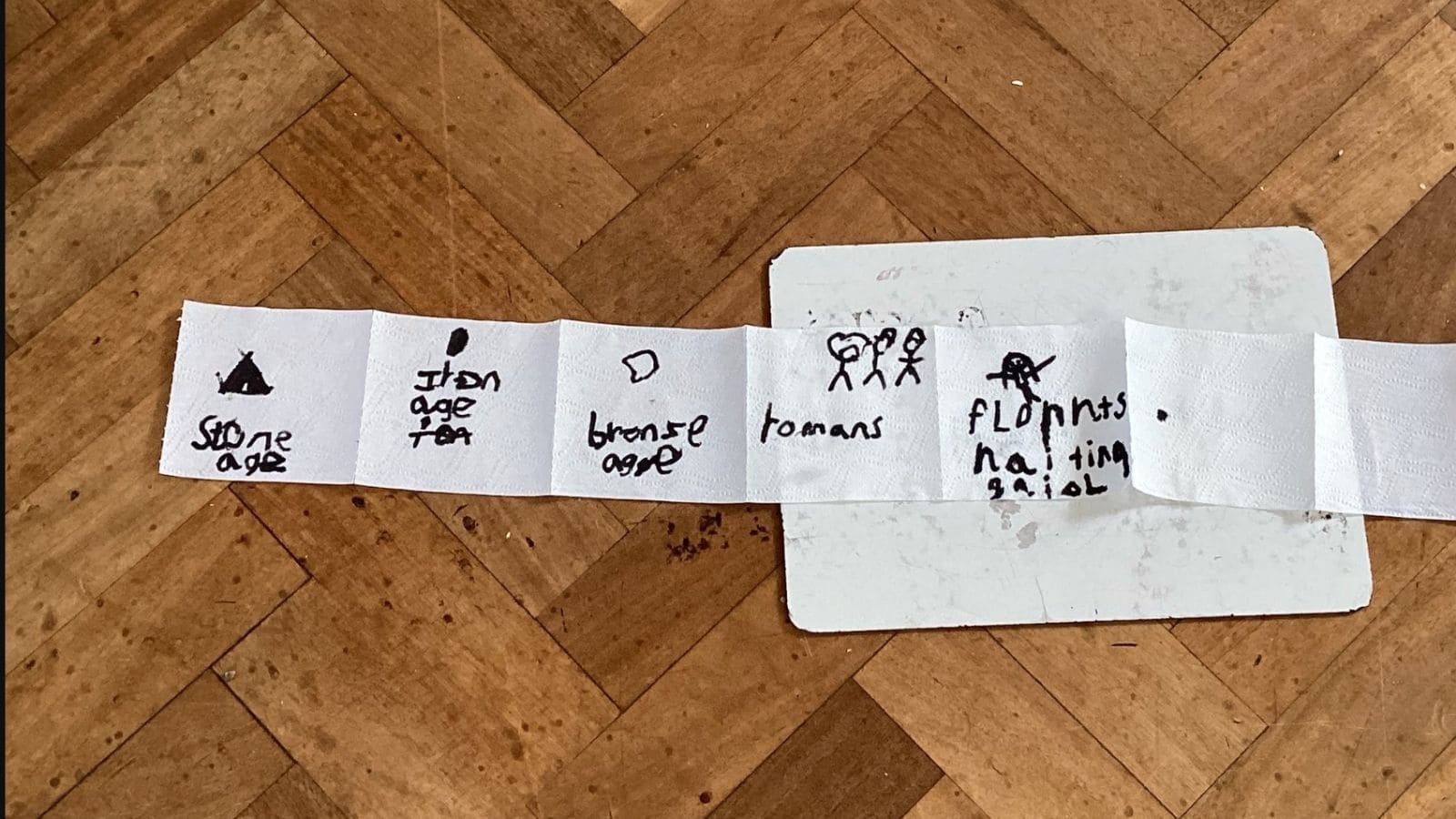 Timeline drawn on paper with labels for Stone Age, Iron Age, Bronze Age, Romans and
