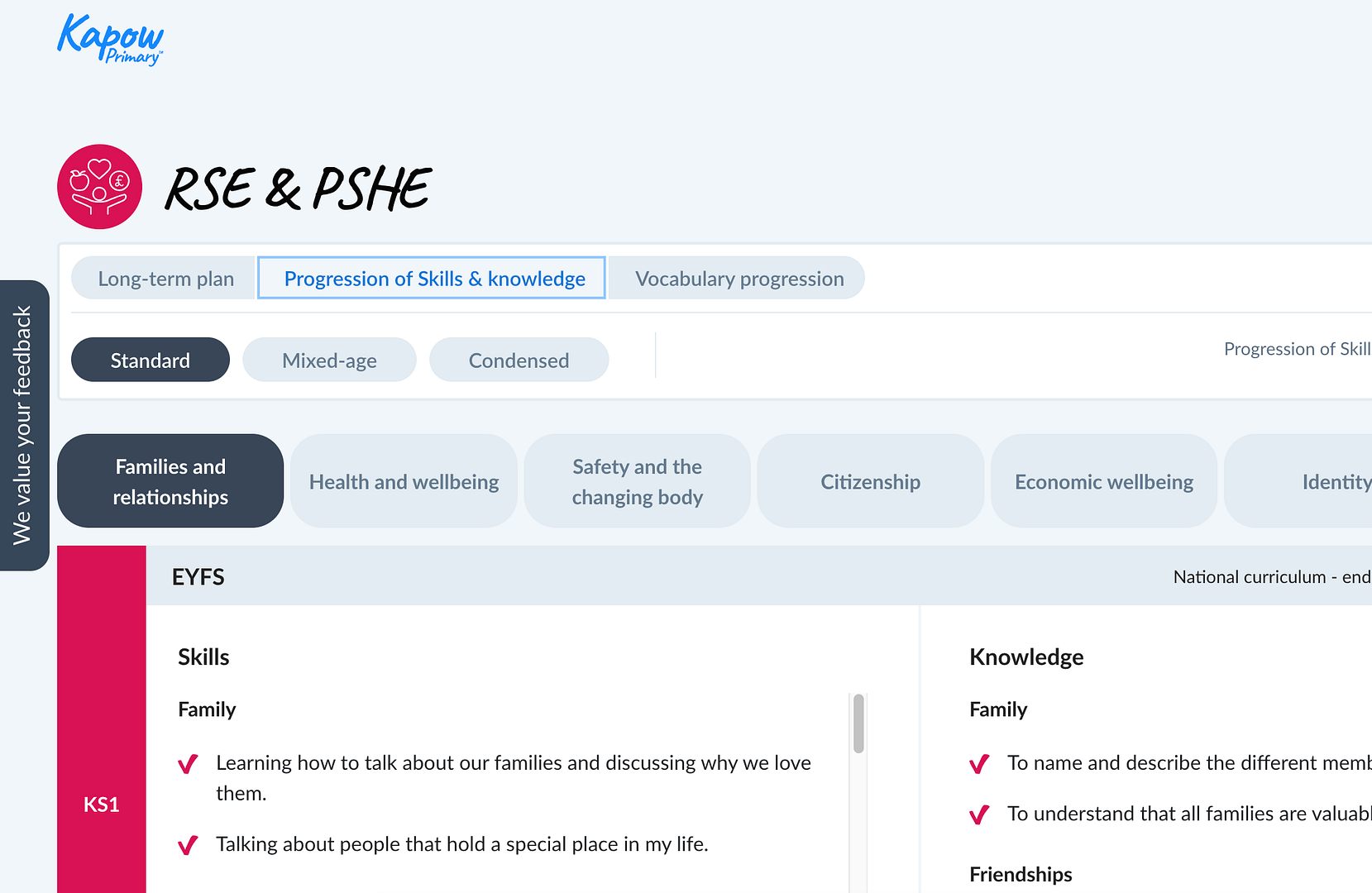 Kapow Primary RSE and PSHE page showing progression of skills and knowledge for families and relationships.