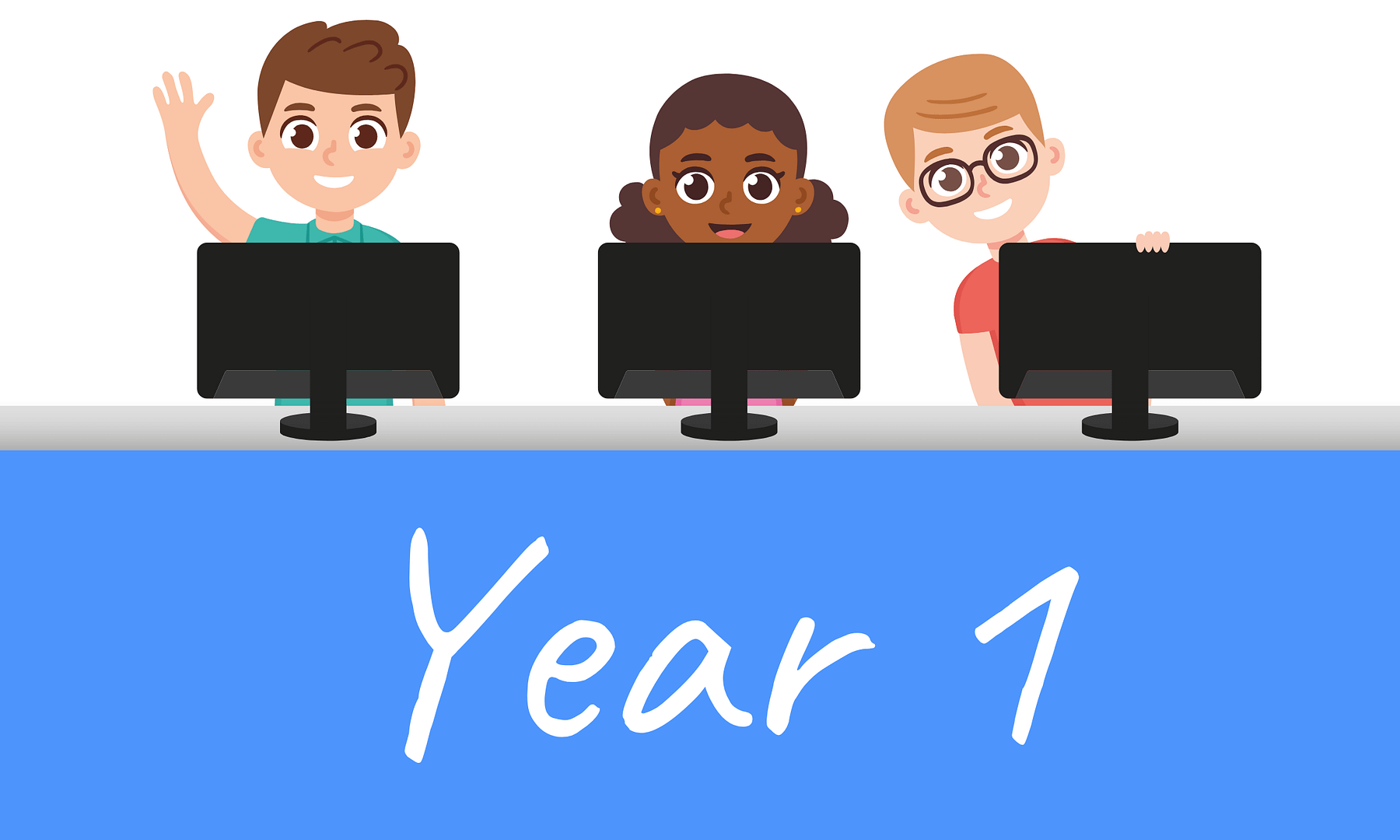 Children behind computer desks with text year 1