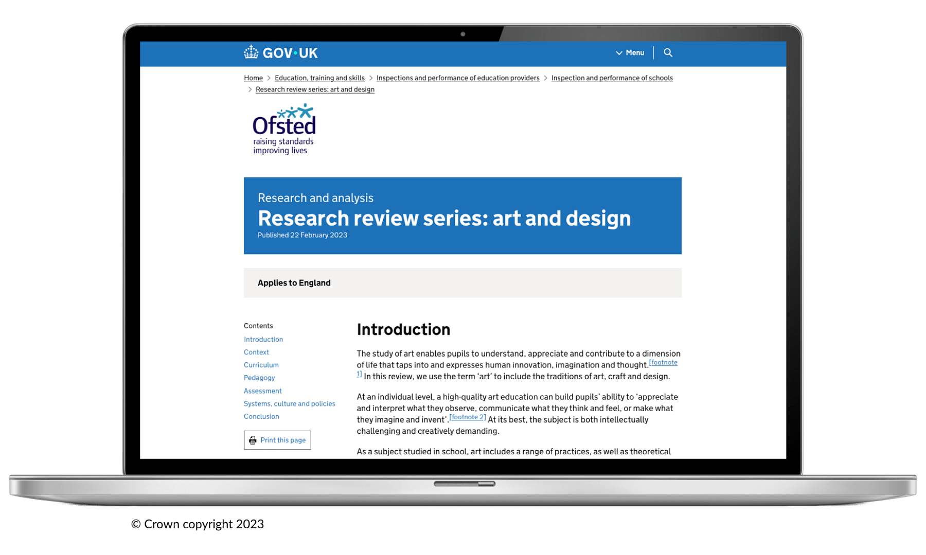 Laptop screen showing a GOV.UK Ofsted research review page titled 