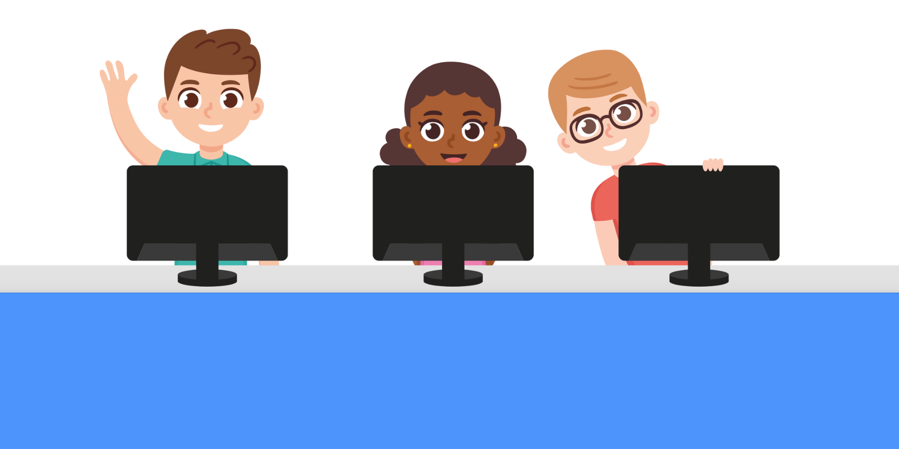 Illustrated children sat behind computer screens
