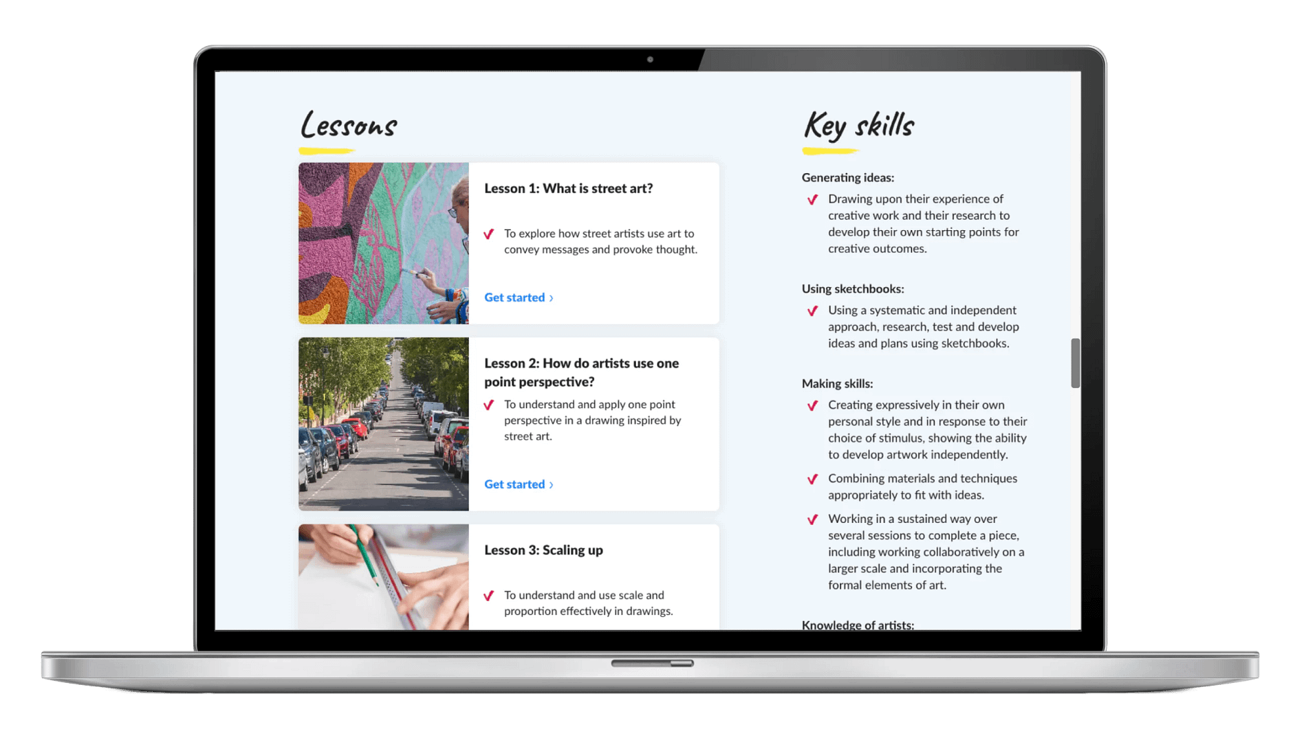Laptop showing an educational webpage with art lessons on street art, perspective, and scaling up, plus a section listing key skills for students including generating ideas, using sketchbooks, and developing making skills.