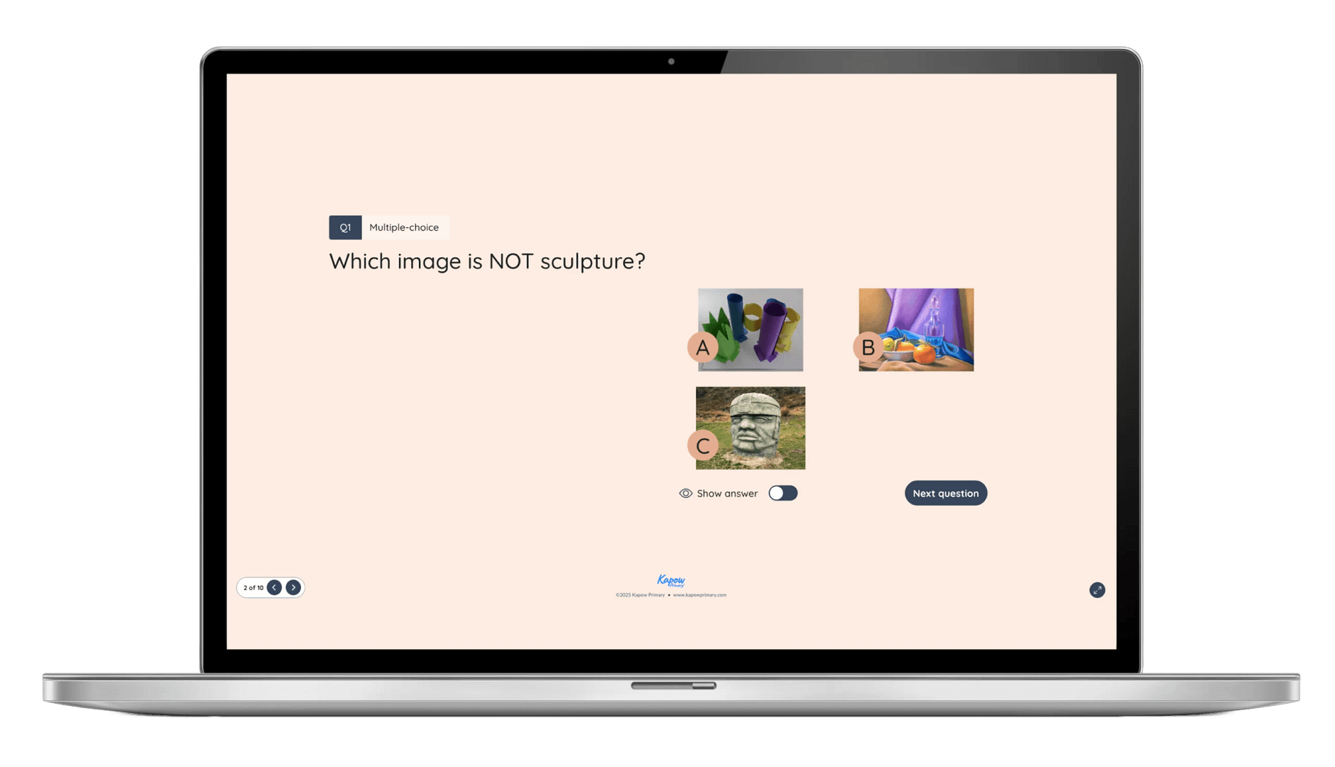 Online quiz screen shows multiple-choice question asking which image is not sculpture, with three image options A, B, and C.
