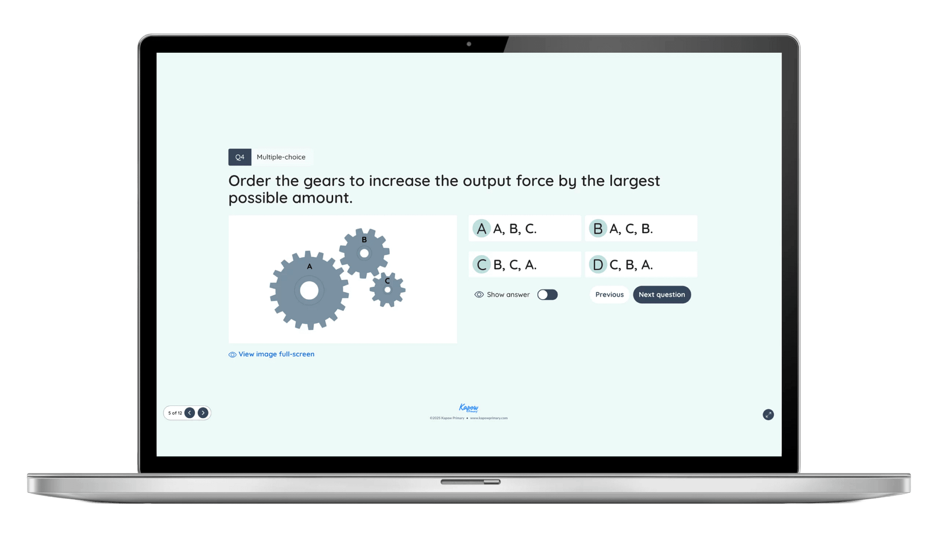 Laptop screen showing a multiple-choice question about gears, asking which order increases output force the most.