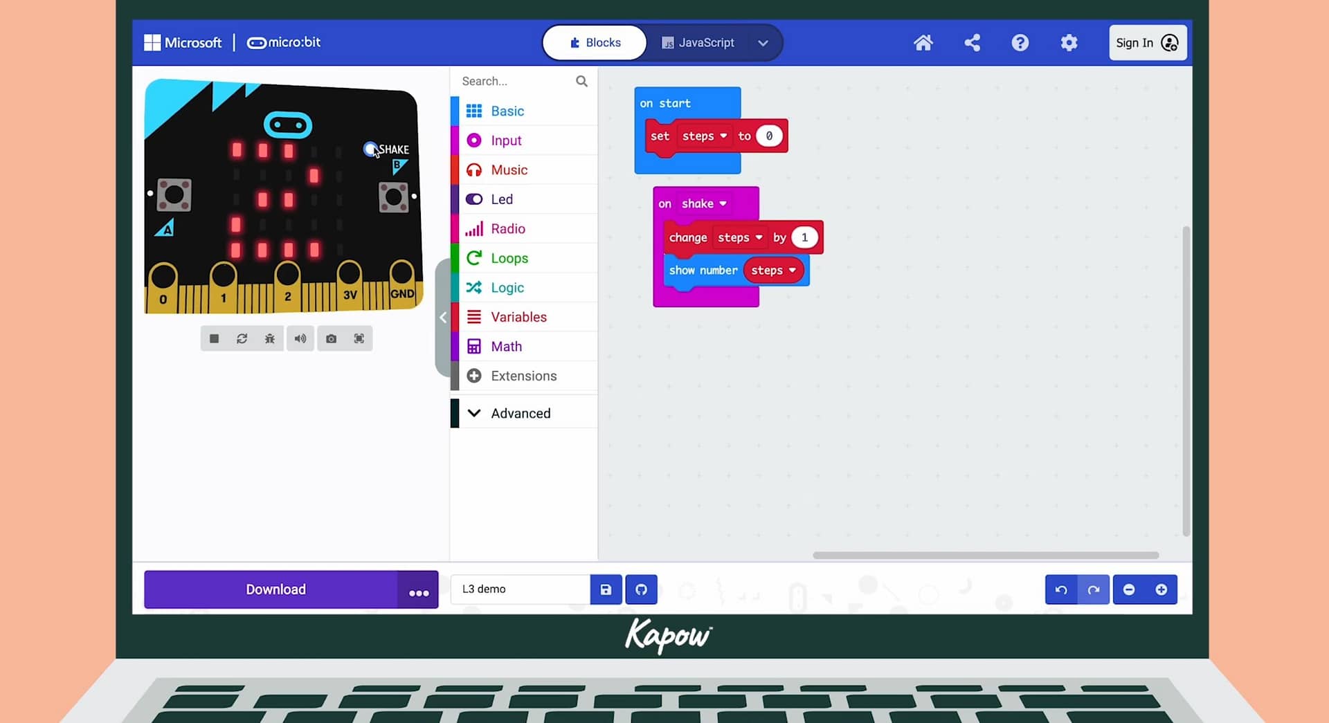 Pupil video: Programming a pedometer: adding an input