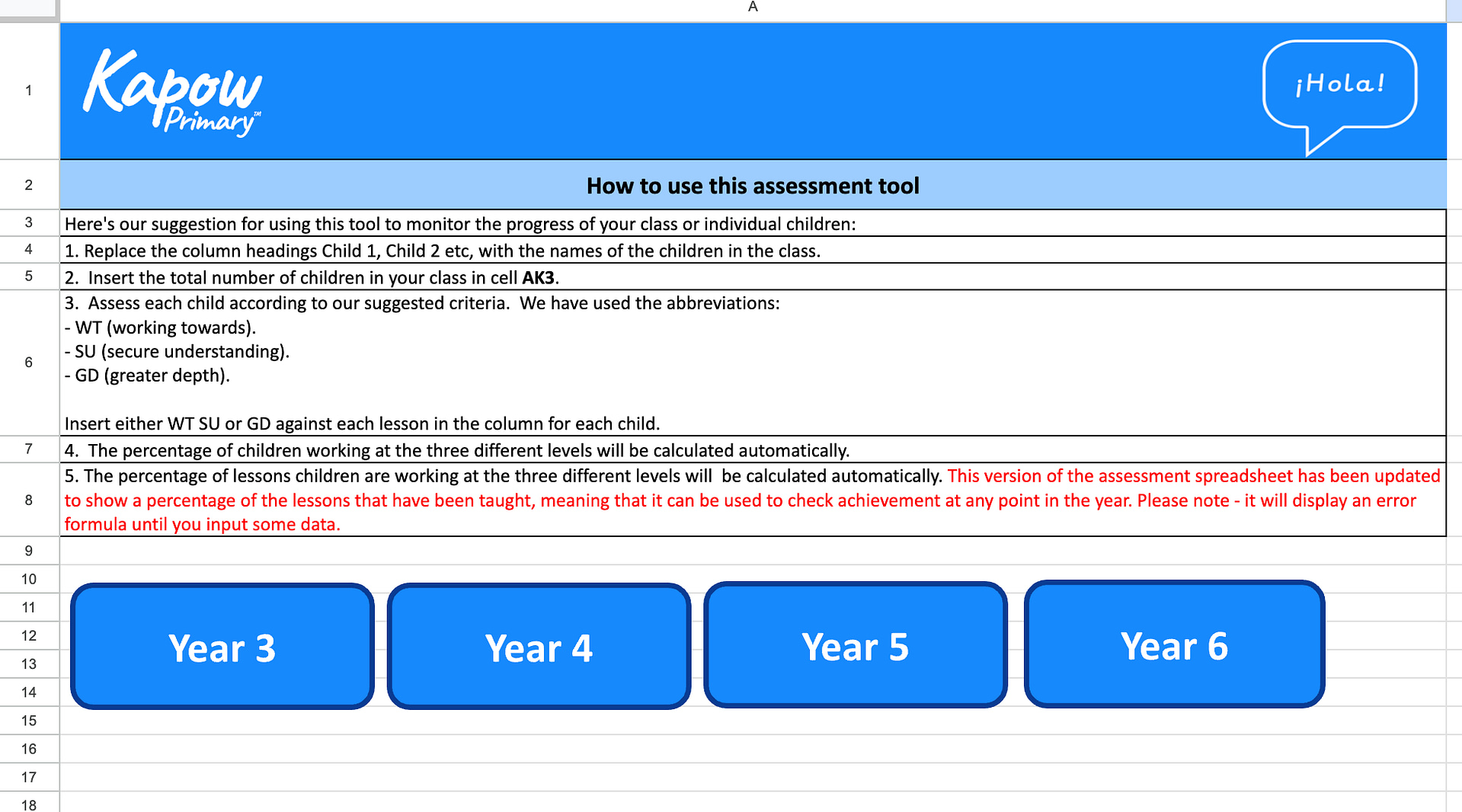 Spanish: Assessment spreadsheet