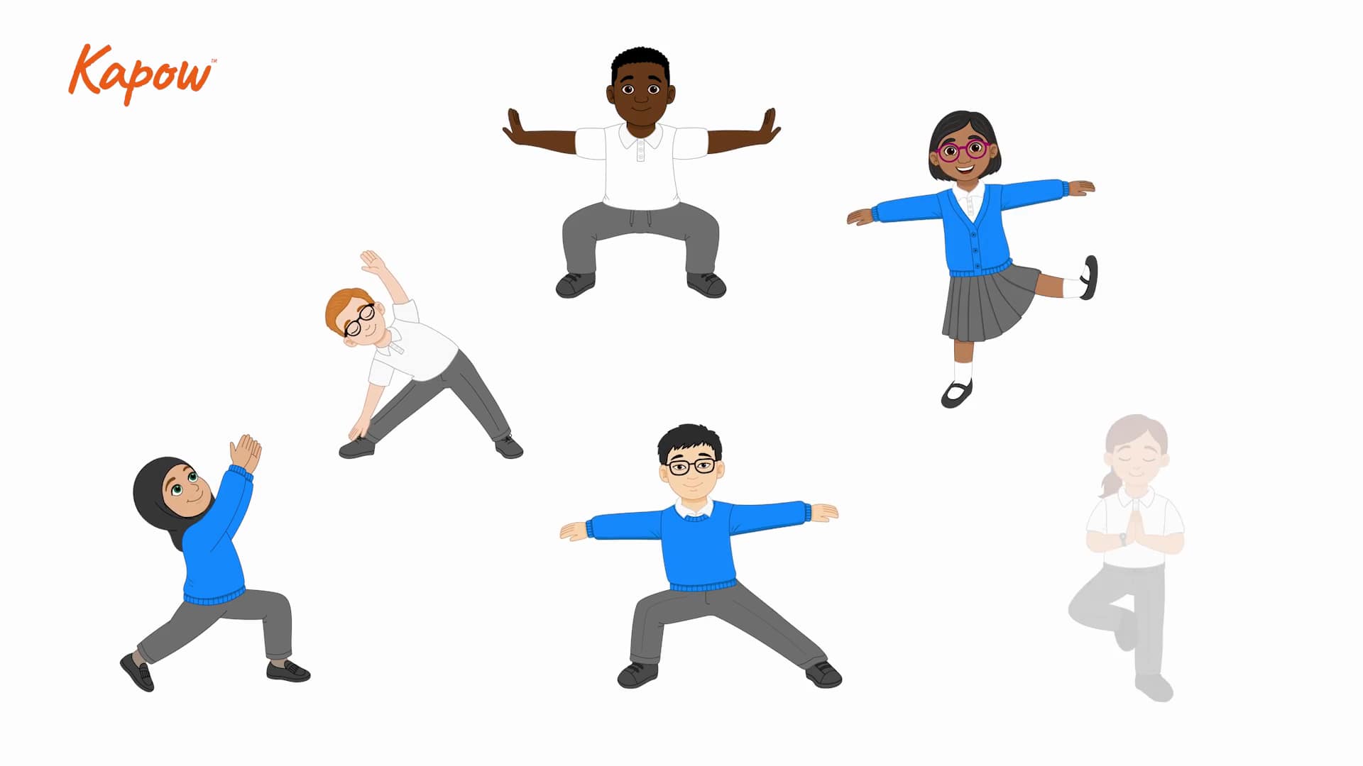 Illustrations of school children holding different balance and stretch poses.