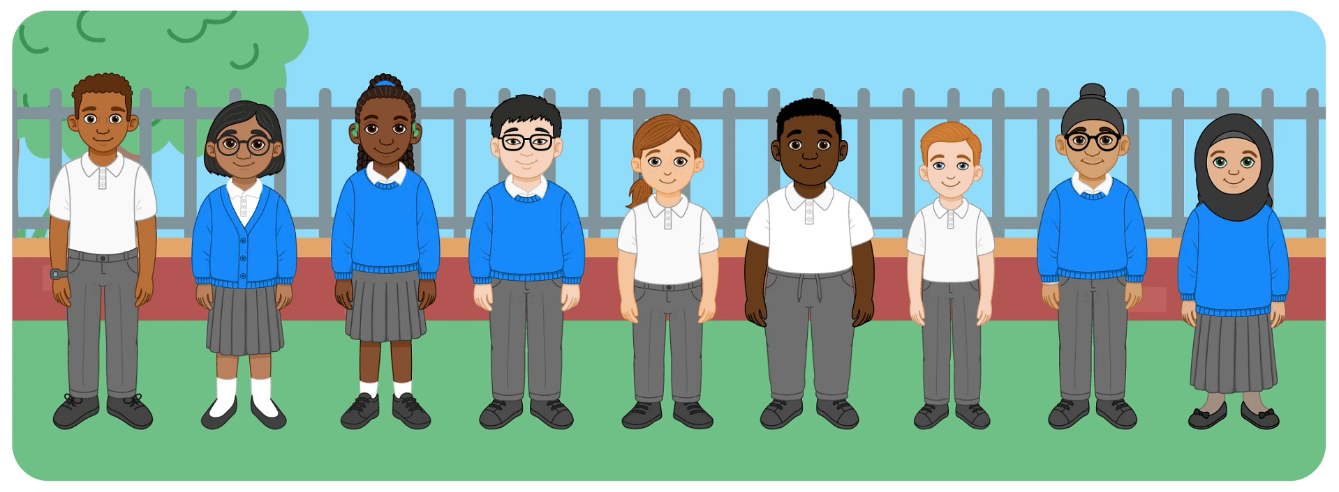 10 illustrated KS2 UK primary children wearing uniform, characters designed by Kapow.