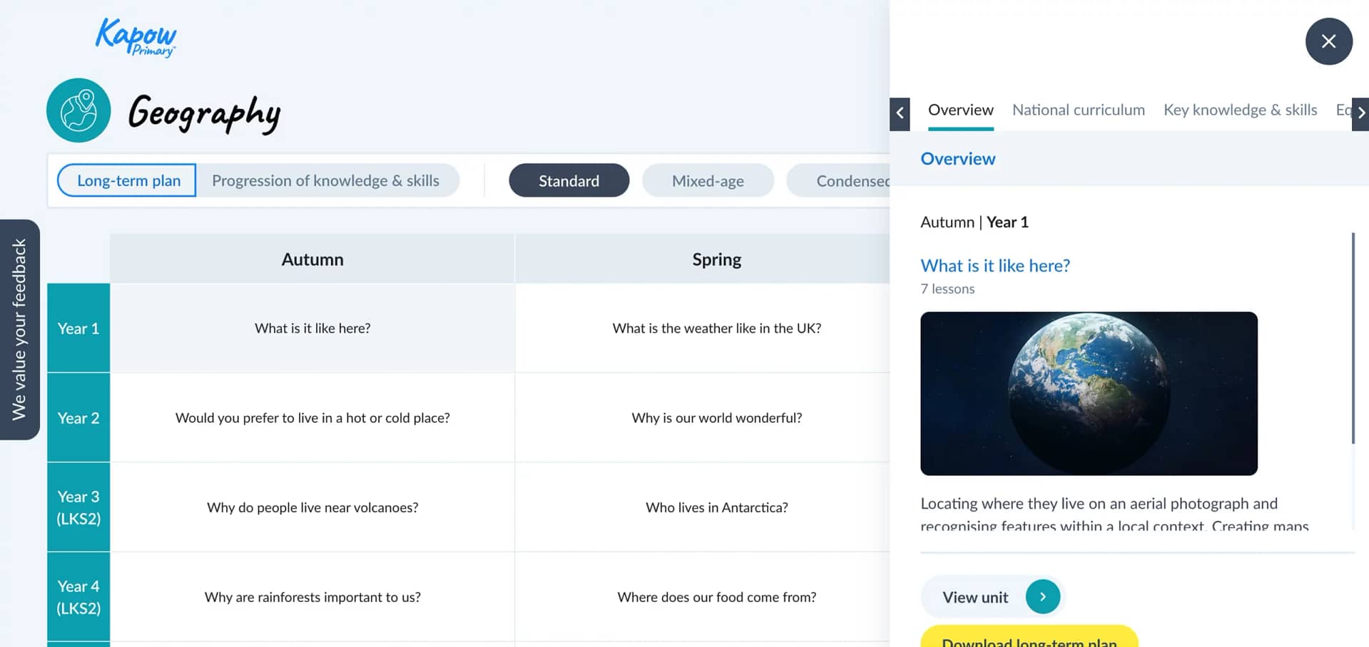 Kapow Primary Geography curriculum overview showing lesson plans for Year 1 to Year 4, covering topics like local geography, weather in the UK, and global features such as rainforests and Antarctica