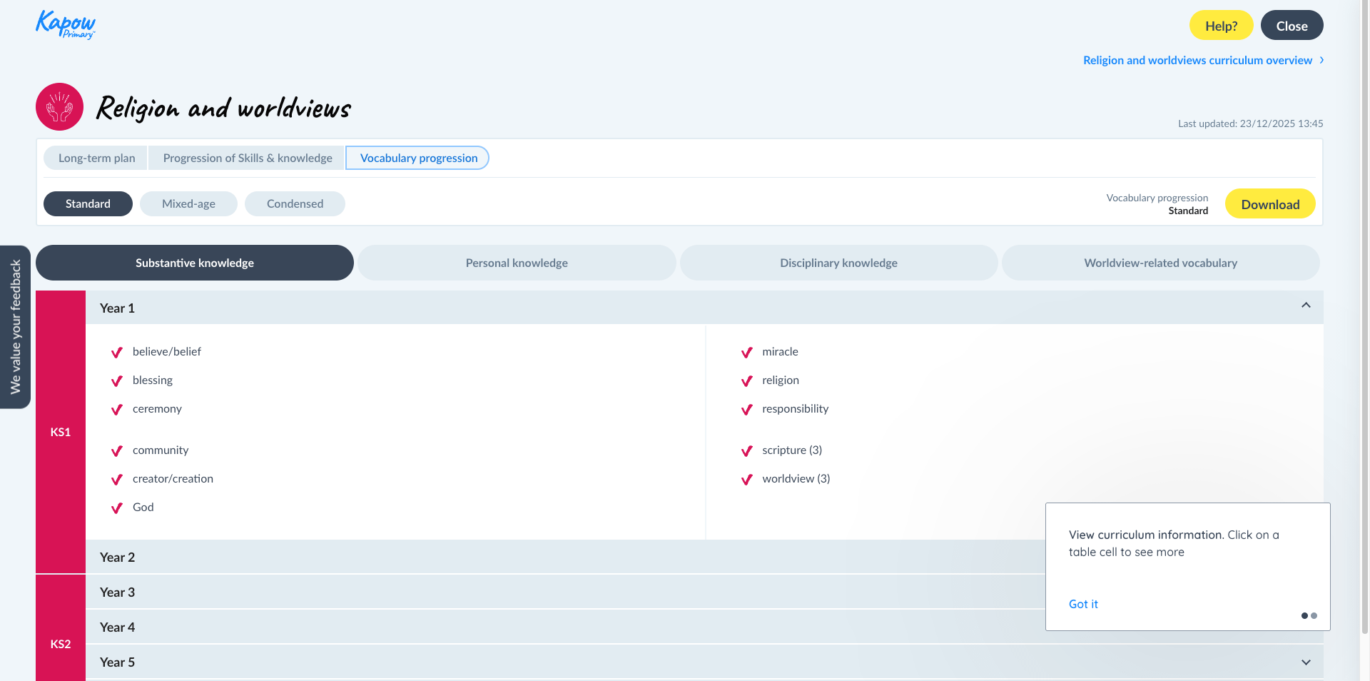 Vocabulary progression document showing key terms by year group and strand in Kapow Religion and worldviews curriculum
