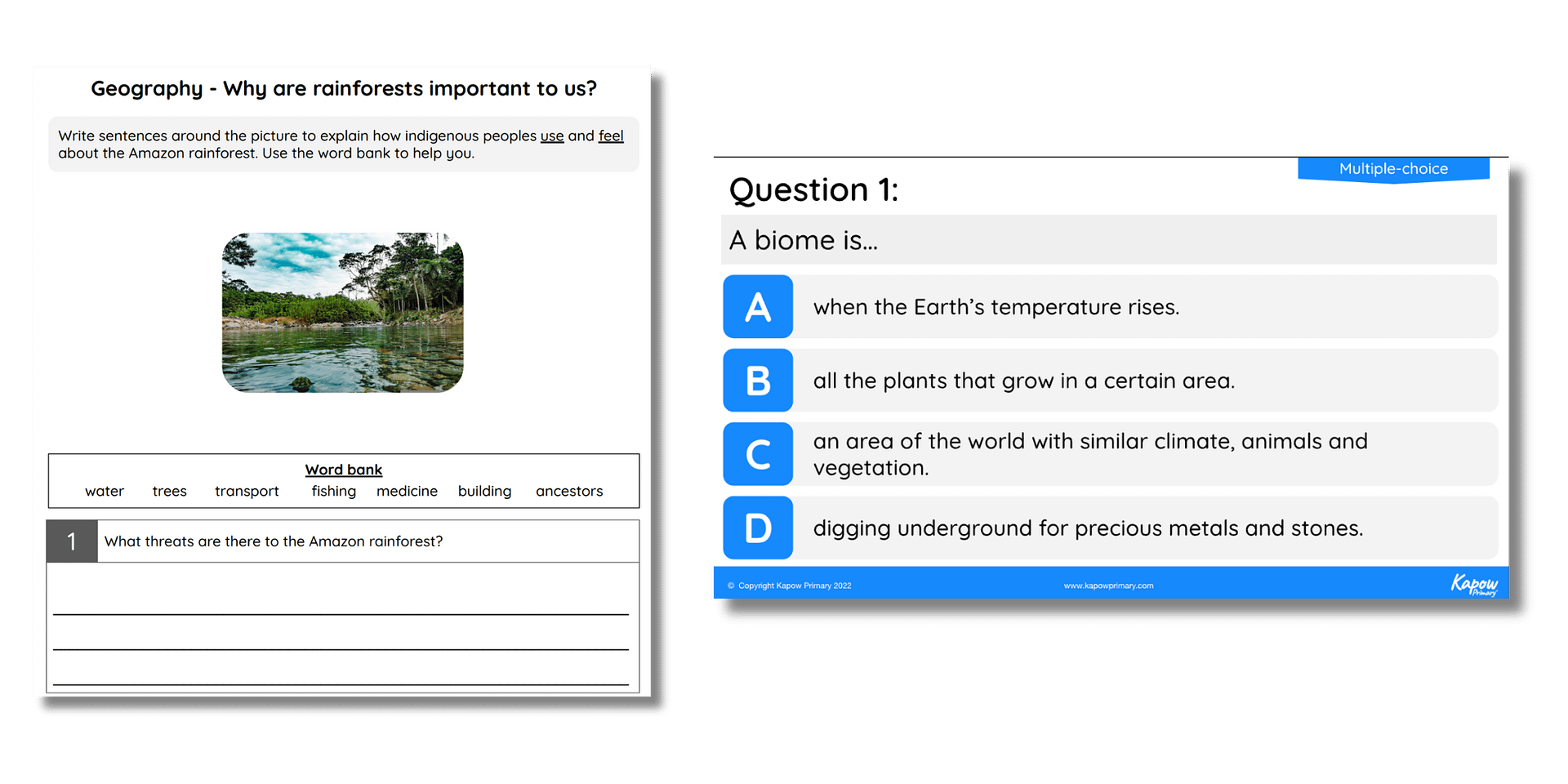 Examples of assessment resources, including quiz and worksheet in Geography